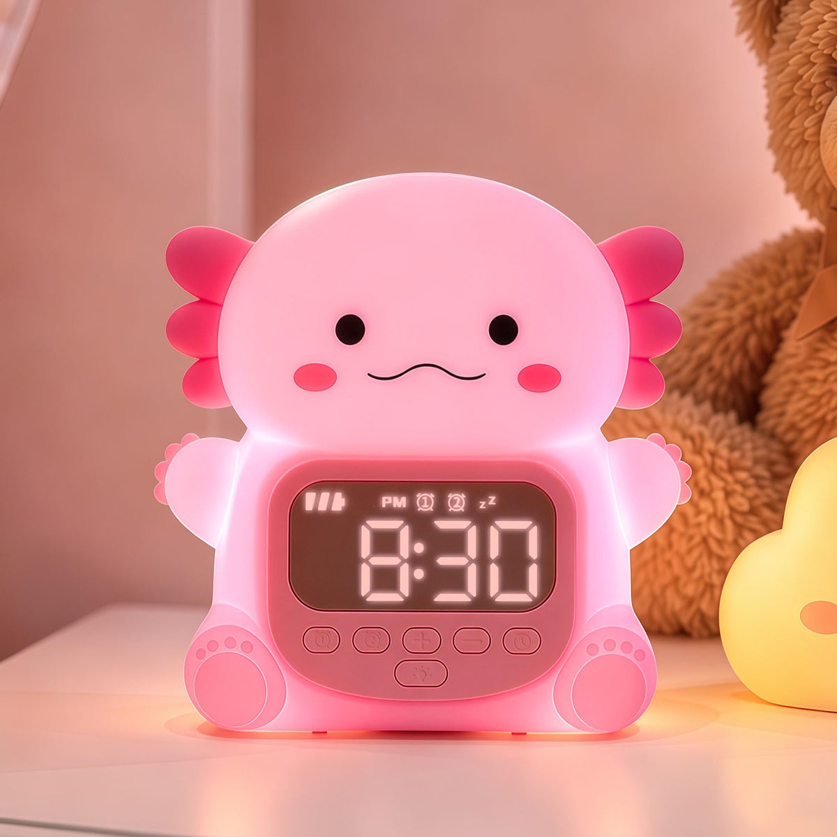 Axolotl Alarm Clock for Kids, Cute Night Light Toddler Alarm Clocks, Pink