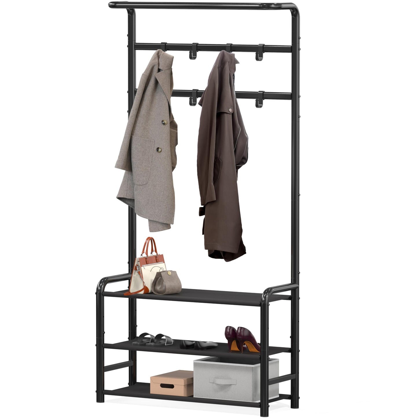 Simple Houseware Coat Rack with Storage Shelf, Freestanding Hall Tree with Hooks for Entryway, Bedroom, Office, Black Metal Clothes Hanger Stand for Coats, Hats, Jackets, Bags - Black