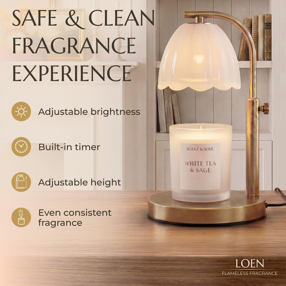Scalloped Glass Candle Warmer Lamp with Timer (2H/4H/8H) - Dimmable & Adjustable Height - Wax Melter for Large & Small Jar Candles - 2 Bulbs - Gold Metal - Flameless Home Decor Gift for Women (Amber)