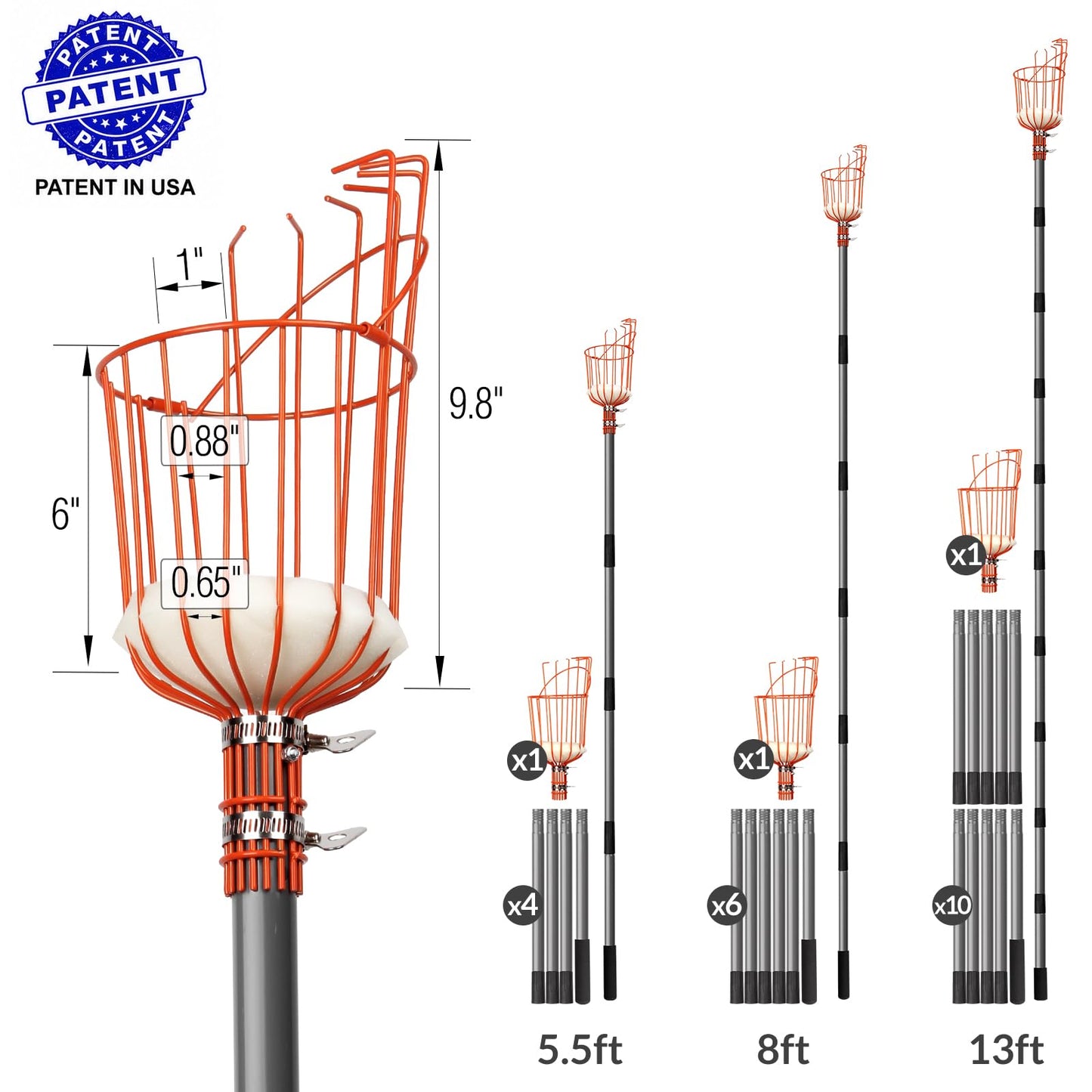 Walensee 13FT Fruit Picker Pole with Basket, 35-158 Inch Adjustable Mango Picker Tool, Stainless Steel Telescoping Cherry Picker for Tree, Apple Pear Lemon Orange Avocado Picking