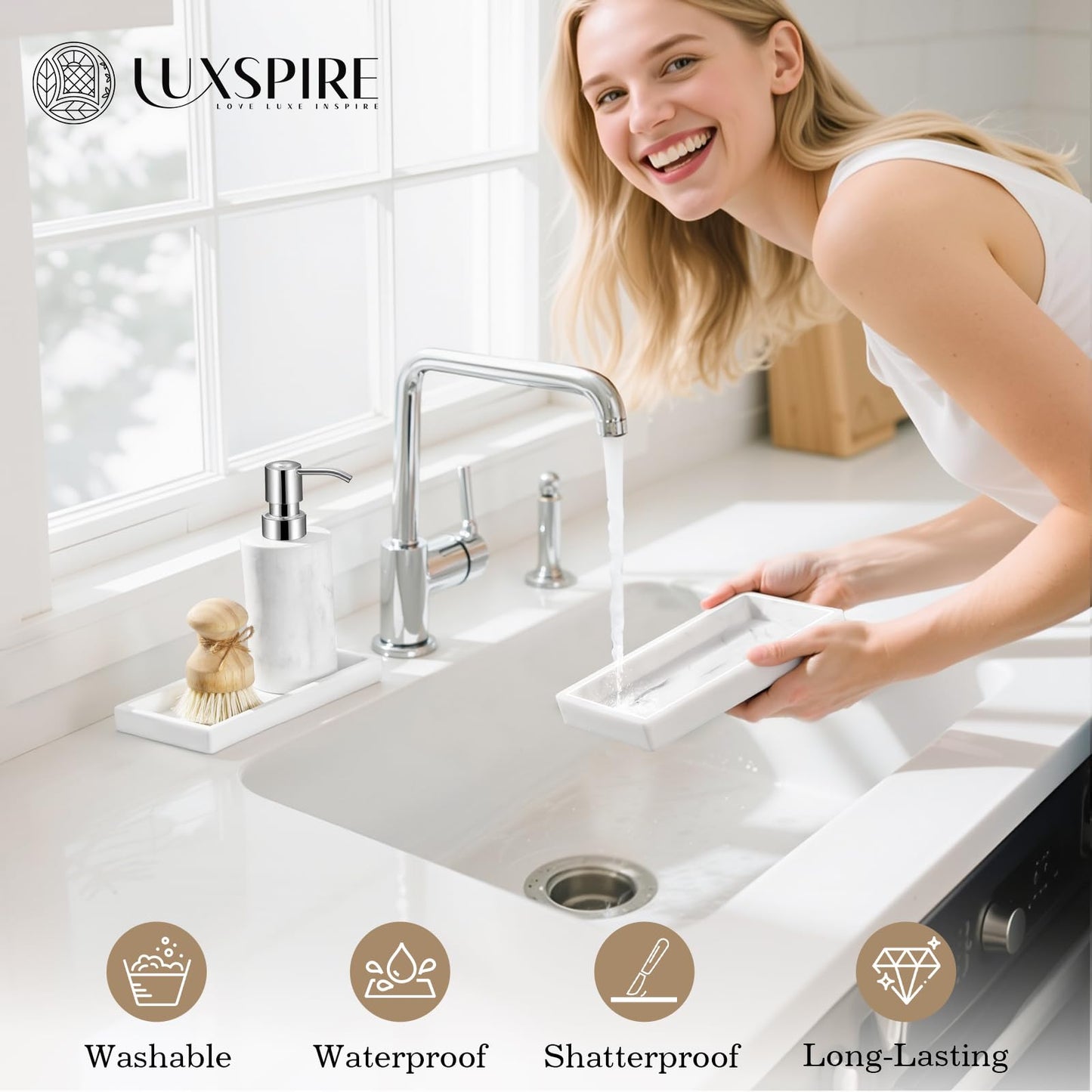 Luxspire Bathroom Vanity Tray - 2 Pack (7.9" x 4") Silicone Soap Dish for Kitchen Countertop, Bathroom Counter Tray for Soap Dispenser Perfume Jewelry Accessories, Marble White