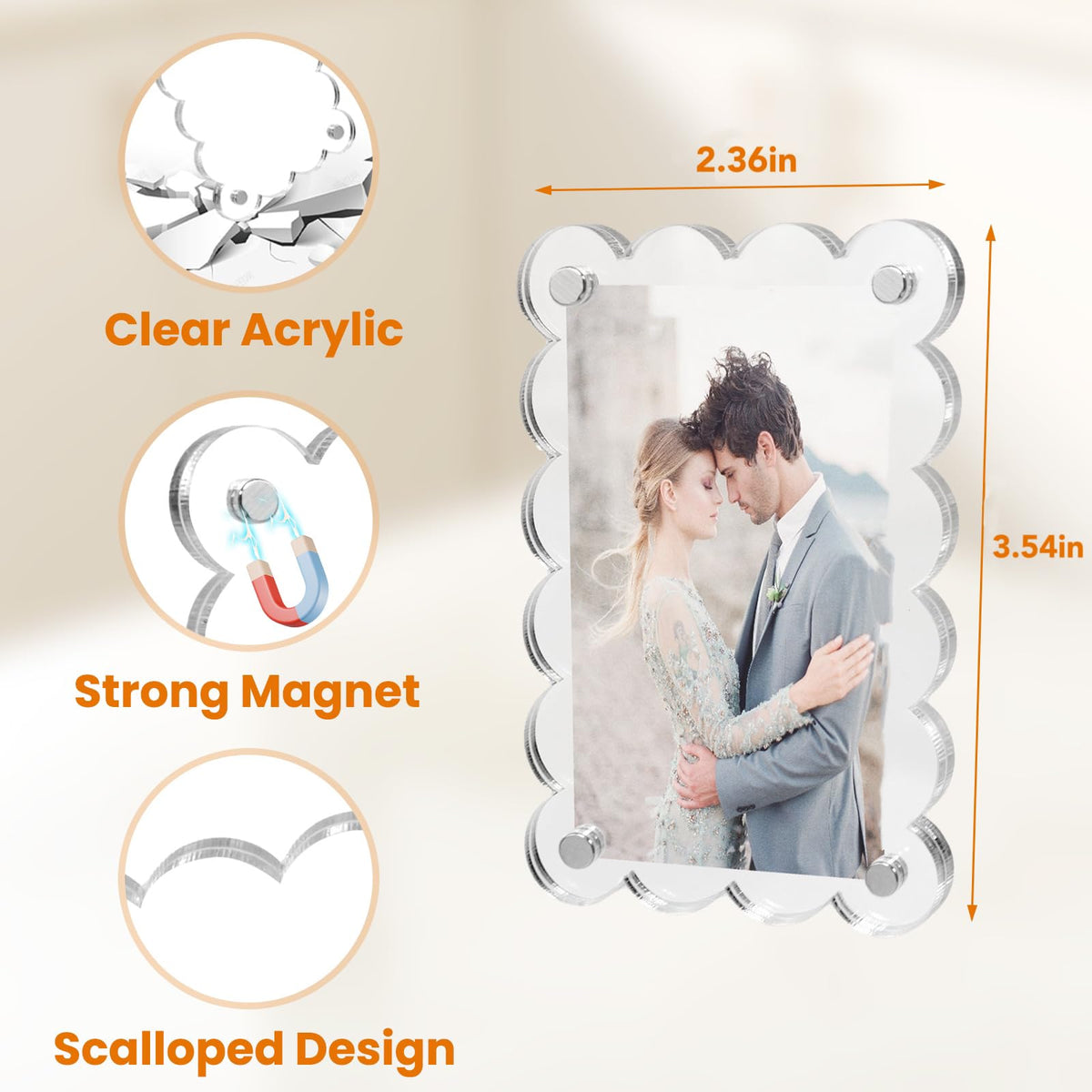 NEUREGY 10 Pack 2.36 x 3.54 Inch Acrylic Fridge Magnetic Frame Scalloped, Double Sided Polaroid Frame, Refrigerator Magnet Picture Frame for Fujifilm Instax Mini