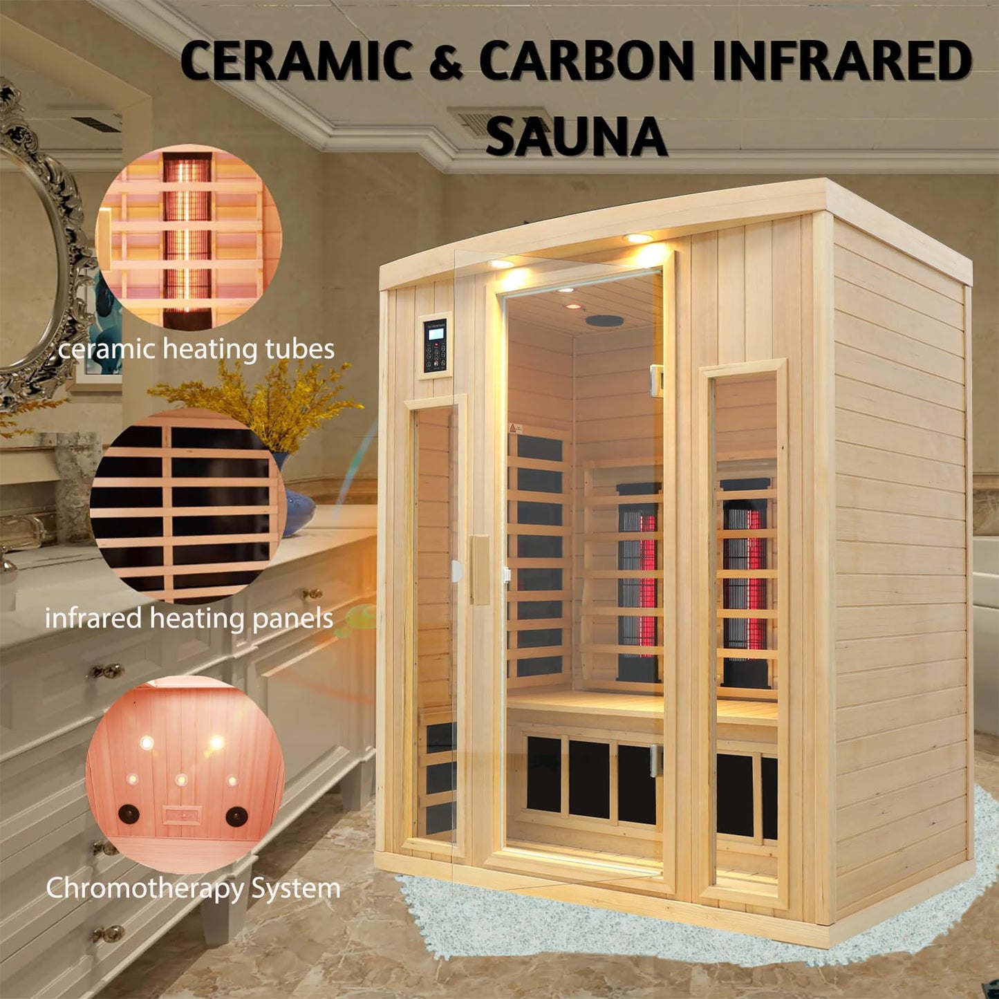 KUNSANA 3 Person Infrared Sauna, Ceramic Infrared Sauna 3 Person, Far Infrared Saunas for Home, Low EMF Infrared Indoor Sauna, Hemlock Wooded Sauna Room, Bluetooth Speakers, Chromotherapy Lights