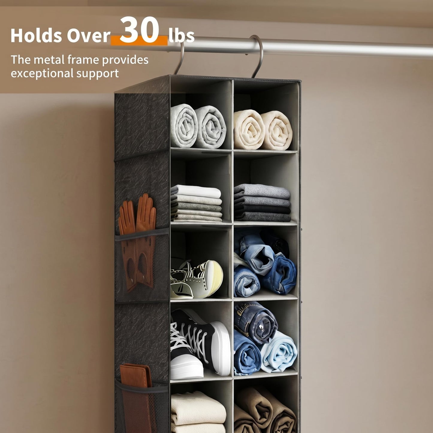 Pcaelin Hanging Shoe Organizer for Closet - 20 Extended Sections Closet Shoe Storage Rack with 8 Side Mesh Pockets, Foldable Shelves Holder for Shoes Clothes Shirts Jeans Hats