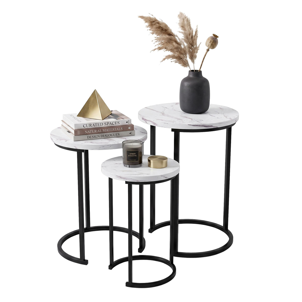 Lavish Home Round Nesting Tables Set of 3, Faux Marble Tabletop, White