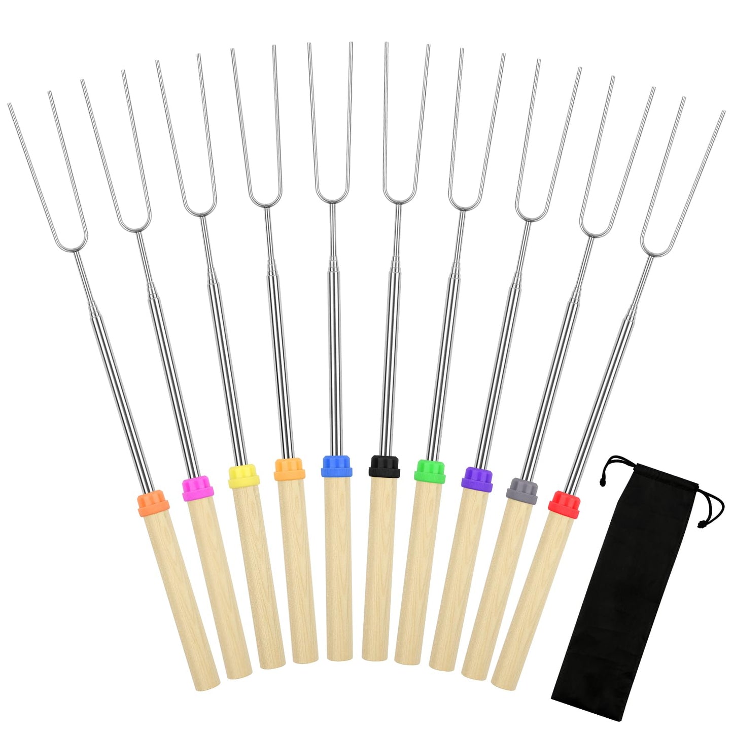 10 Pack Smores Sticks, 32 Inch Marshmallow Roasting Sticks for Fire Pit, Extendable Roasting Skewers with Bag, Hot Dog Fork, Smores Kit for Campfire Camping Essentials
