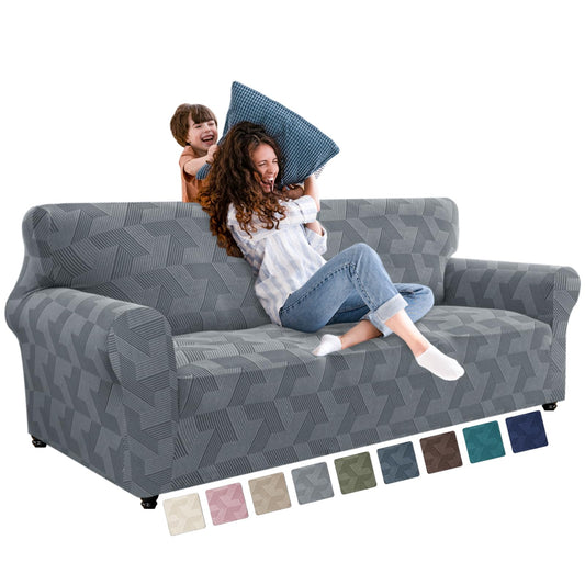 JIVINER 1 Piece Couch Cover for 3 Cushion Couch, High Stretch Sofa Covers with Elastic Bottom, Washable Sofa Slipcovers for Dog, Pets Feature Geometrical Jacquard Fabric (Sofa, Light Grey)