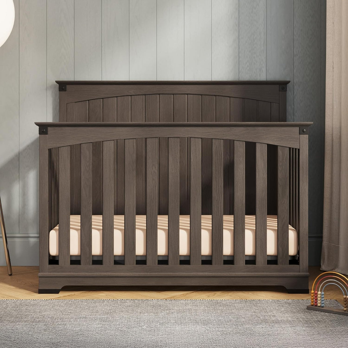 Child Craft Redmond Design 4-in-1 Convertible Baby Crib Nursery Furniture Set - Baby Bed, Dresser, Changing Table Topper and Chest Drawer for Babies, Toddlers and Kids (4 Piece - Dapper Gray)