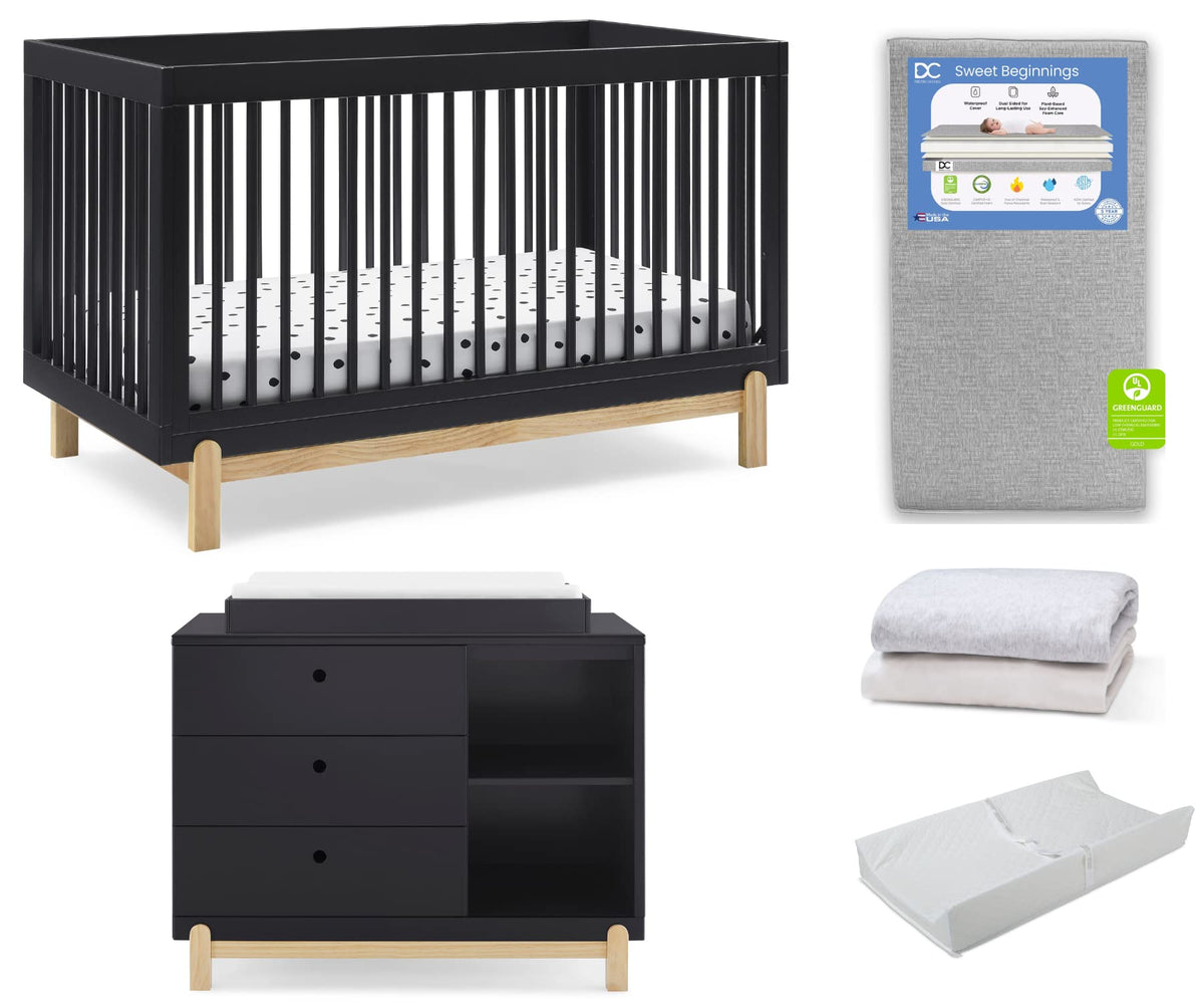 Delta Children Poppy 6-Piece Baby Nursery Furniture SetIncludes: Convertible Crib, Dresser, Changing Top, Mattress, Sheets, & Changing Pad, Midnight Grey w/Natural