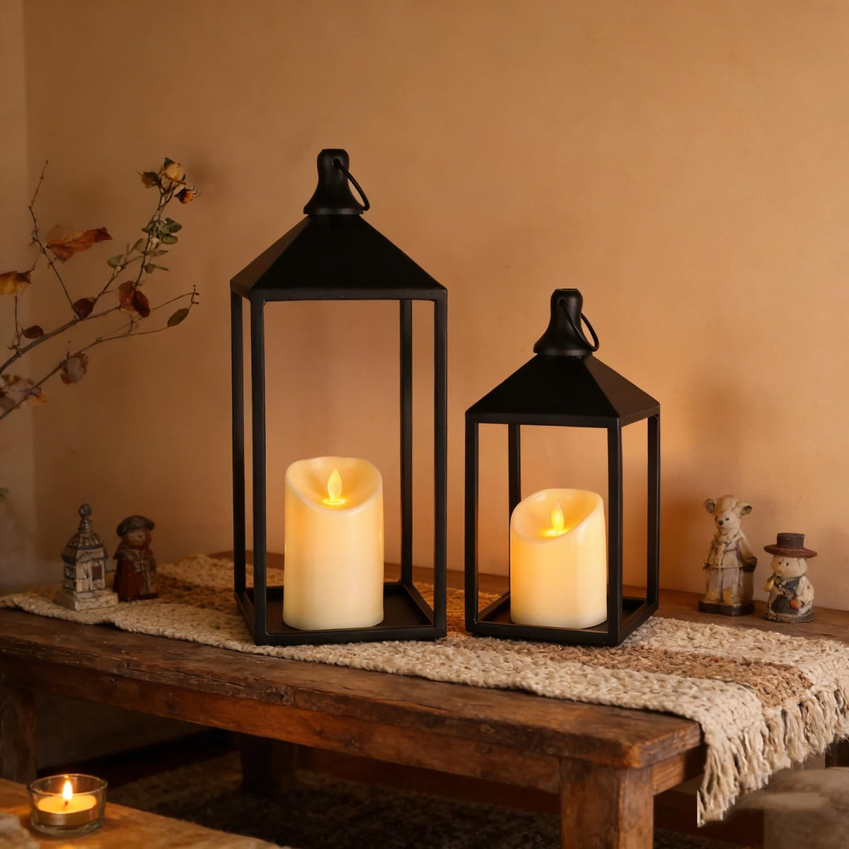 2 Pcs Black Decorative Metal Lanterns Farmhouse Lantern Decor with Candles