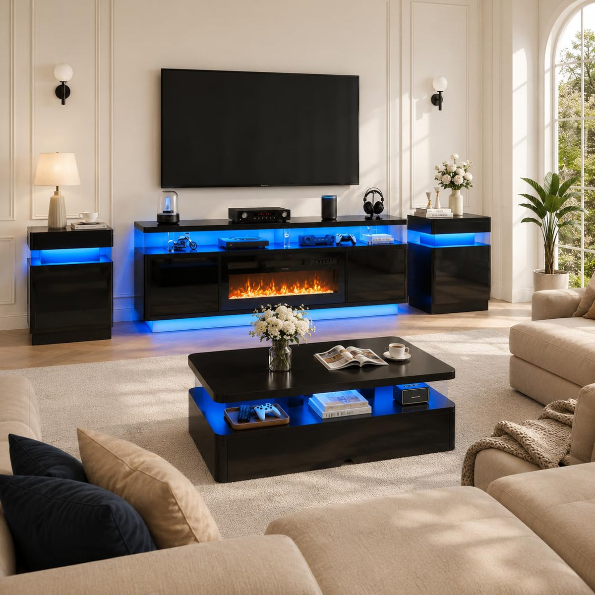 OneBlis 4-Piece Living Room Furniture Set with LED Fireplace TV Stand and Coffee Table & Nightstands Set of 2, Modern TV Stand with Storage Table Set for Living Room