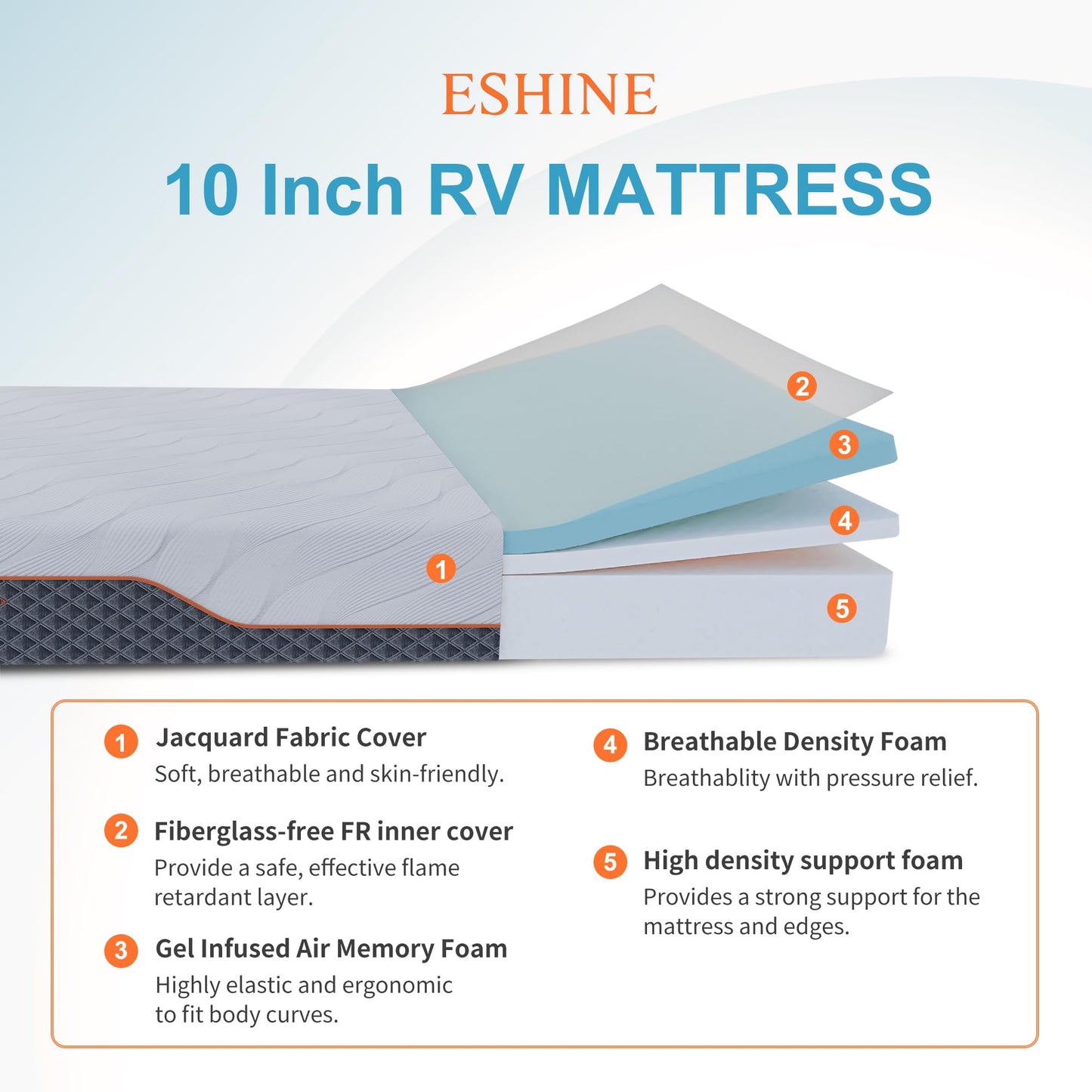 ESHINE Short Queen RV Mattress - 10" Memory Foam RV Mattress, Shock-Absorbing and Pressure-Relieving, for RVs, Campers & Trailers