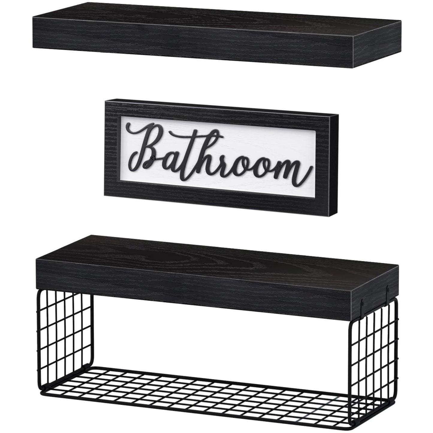 QEEIG ‎Bathroom Shelves Over Toilet - Paper Storage Wall Mounted Farmhouse Decor Decorations Aesthetic Décor Sign Small Floating Shelf 2+1 Set 16 inch, Black (020B)