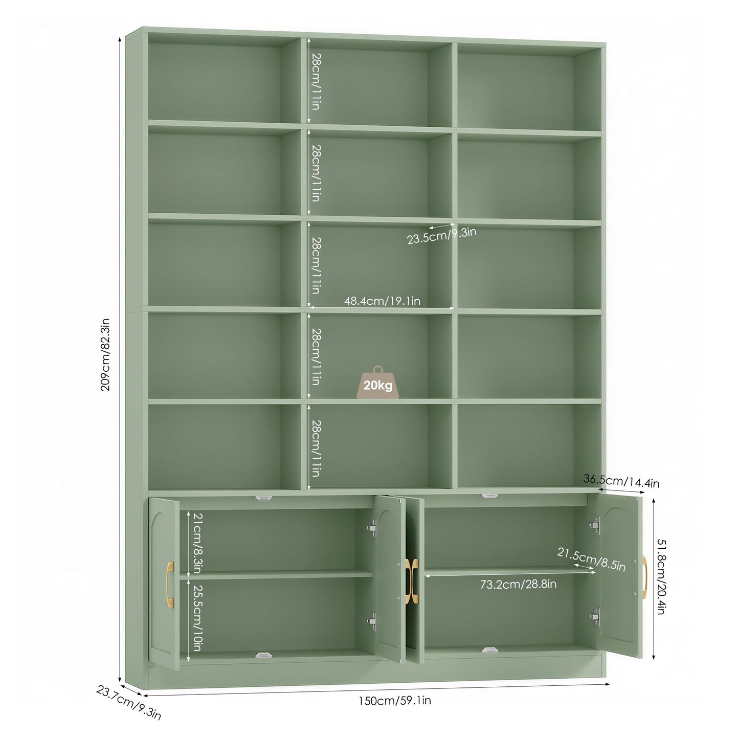 FACBOTALL 82.3" Triple Wide Bookshelf, 7-Tier Tall Bookcase with 15-Cube Open Bookshelf & 4 Doors, Large Bookshelf with Storage Cabinet, Modern Bookshelf for Living Room, Office, Study Room, Green