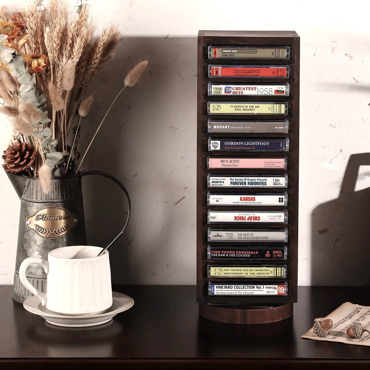 FARM IN Cassette Tape Storage, 360-Degree Rotatable Design Farmhouse Style Cassette Rack Tower, Double-Sided 28-Slot, Rustic Solid Burnt Wood & Diamond Metal Wire Mesh