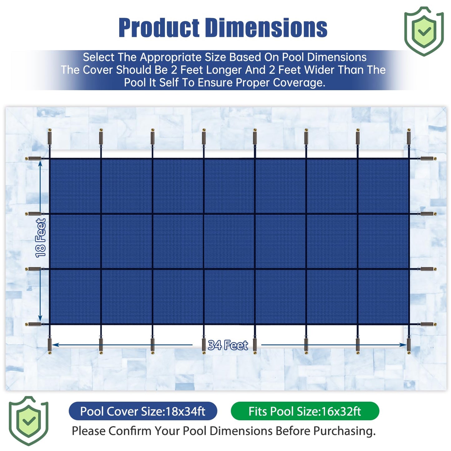 Inground Pool Safety Covers, Rectangular Winter Pool Cover for Swimming Pools, High Strength Mesh PP, Included Installation Tools (Blue, Fit 16x32ft Pools)