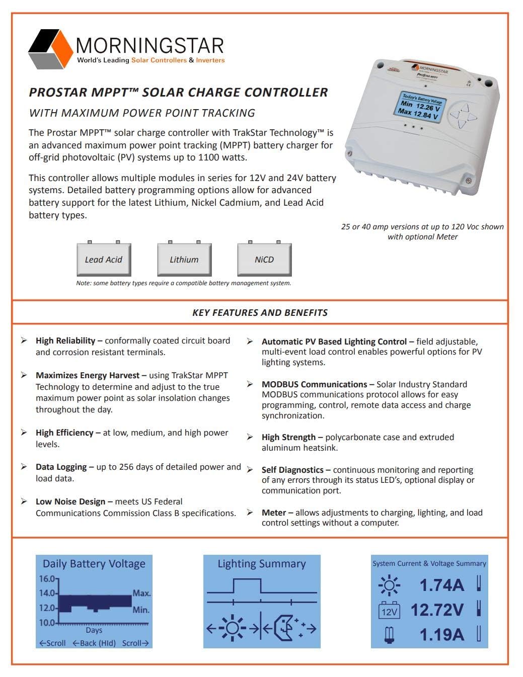 Morningstar Prostar 40A MPPT Solar Charge Controller (PS-MPPT-40) - Solar Panel Regulator, Supports 12V/24V LA/Lithium Batteries, LVD/Lighting Control, HazLoc Rated, Low Noise - Designed in The USA