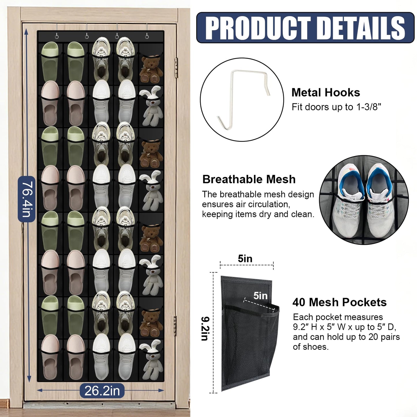 Siolviento Over the Door Shoe Organizer - 40 Large Breathable Mesh Pockets, Space Saving Hanging Shoe Organizer with Metal Hooks, Hanging Shoe Rack for Men's and Women's Shoes (Black)