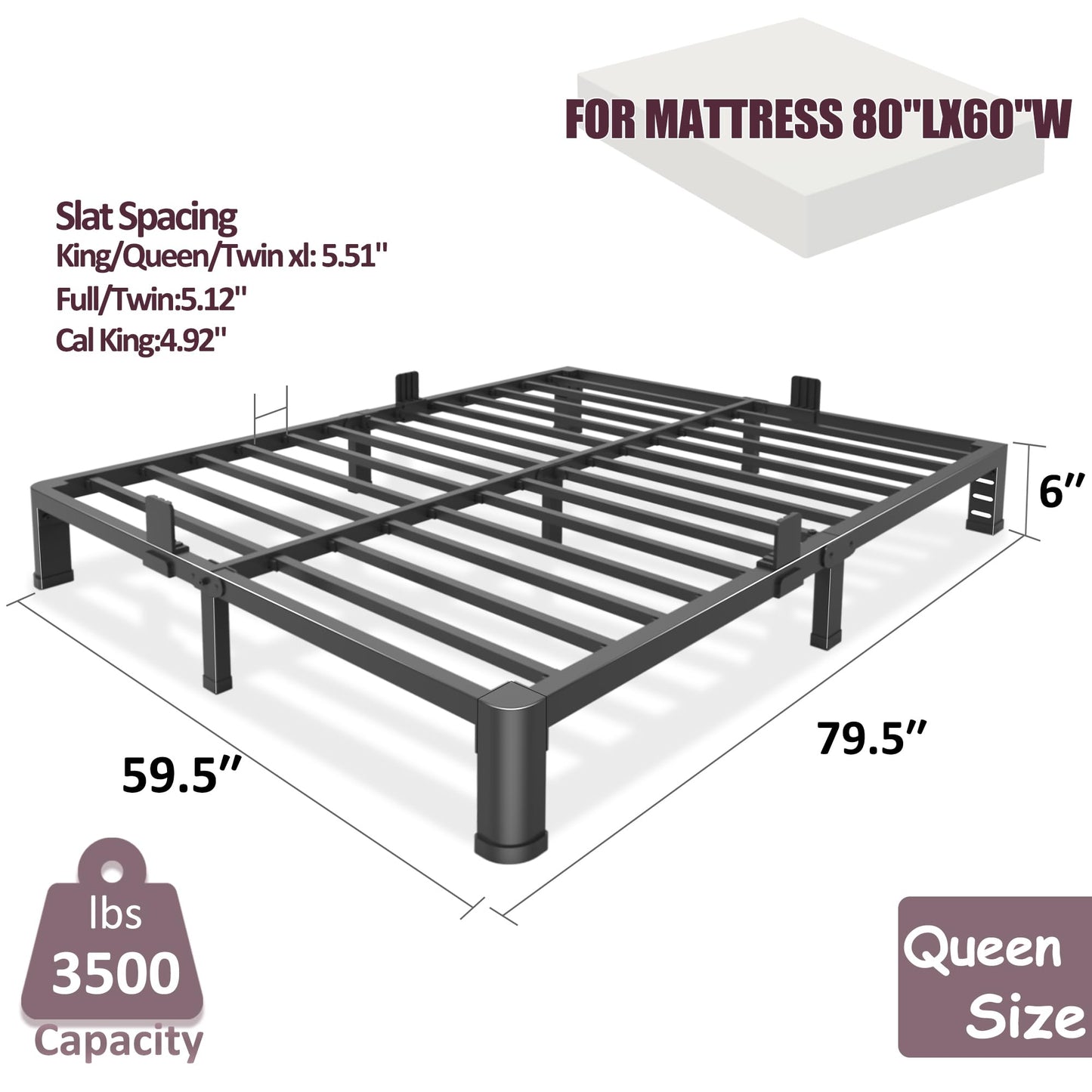 Bilily 6 Inch Low Bed Frame Queen with Round Corner Legs,3500 LBS Heavy Duty Low Profile Queen Bed Frame Metal Platform, No Box Spring Needed, Easy Assembly, Noise-Free, Headboard Compatible,Black