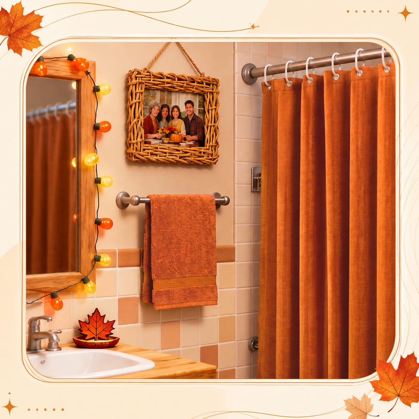 Frienda 5 Pcs Fall Bathroom Decor Rust Orange Fall Shower Curtain Set with Rugs and Hand Towels Autumn Bathroom Set with Hooks Non Slip Microfiber Bath Mats for Thanksgiving Home Apartment Dorm