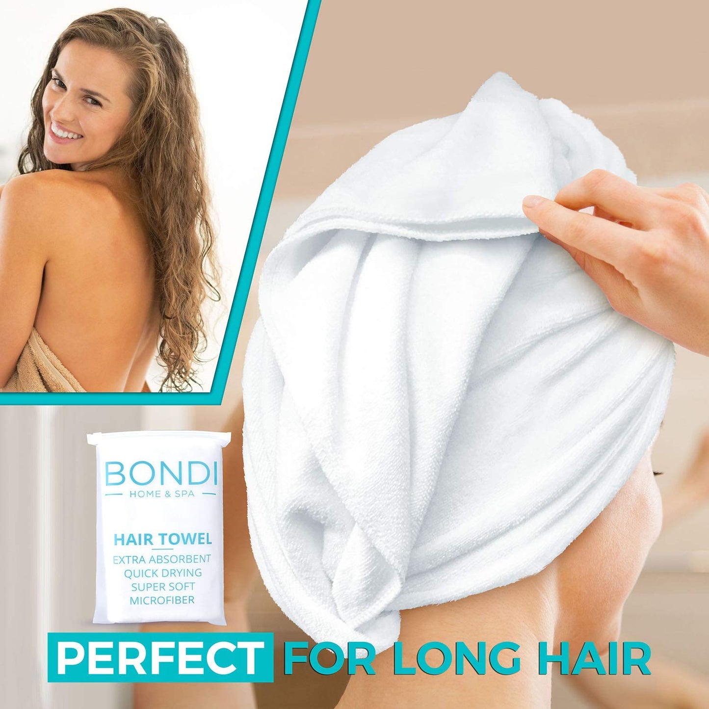 Bondi SPA Microfiber Hair Towel – Dries Hair 50% Faster – Anti-Frizz Towel for All Hair Types – Super Absorbent & Soft - XL (Rectangle) - 42 x 22 inches