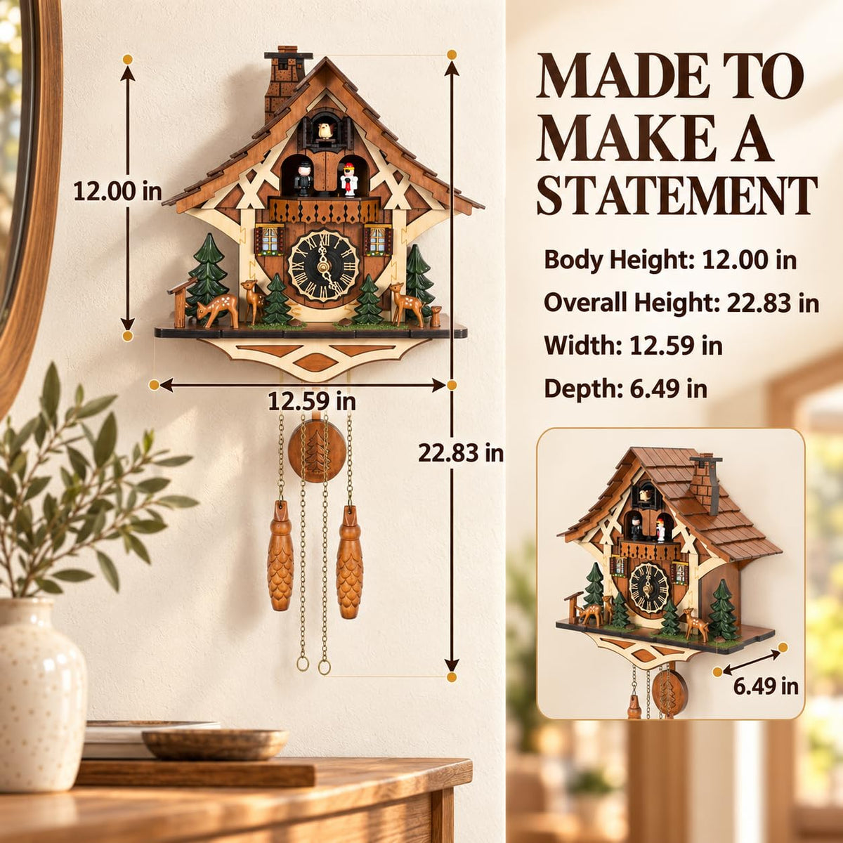 Cuckoopro Handmade Wooden Cuckoo Clock, Quartz Wall Clock, Gift for Family