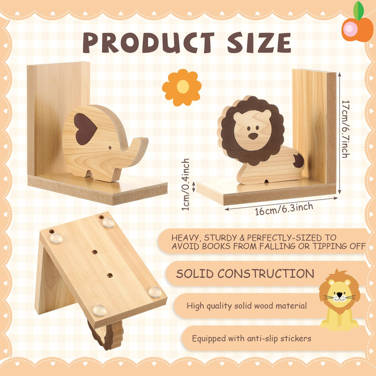 Harloon 2 Pcs Animal Bookends Wooden Cute Safari Decor, Lion Elephant