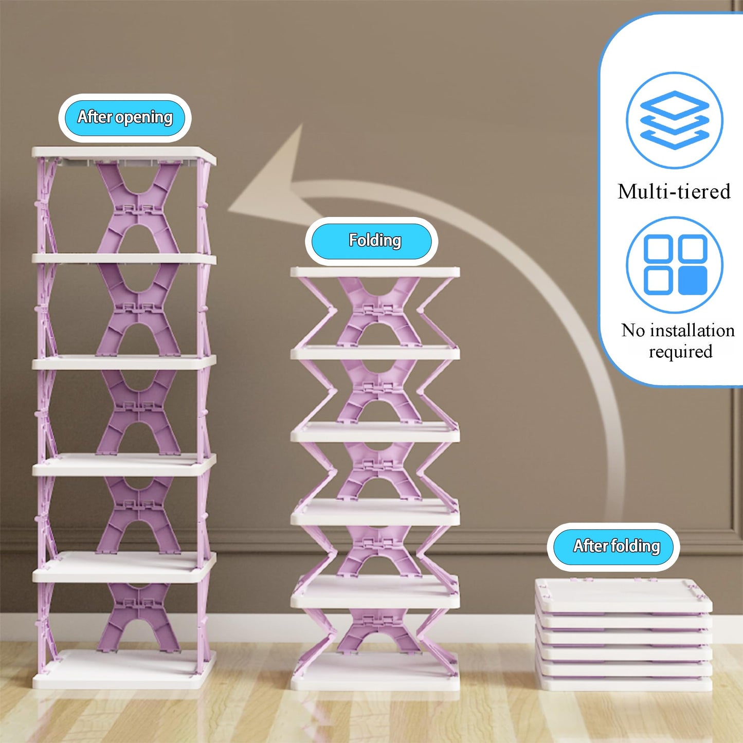 HUYFGDYSA 6 Tier Kids Shoe Rack, Collapsible Shoe Rack for Kids' Rooms, Foldable Vertical Shoe Organizer for Front Door Entrance, Compact Shoe Storage Shelf for Narrow Spaces