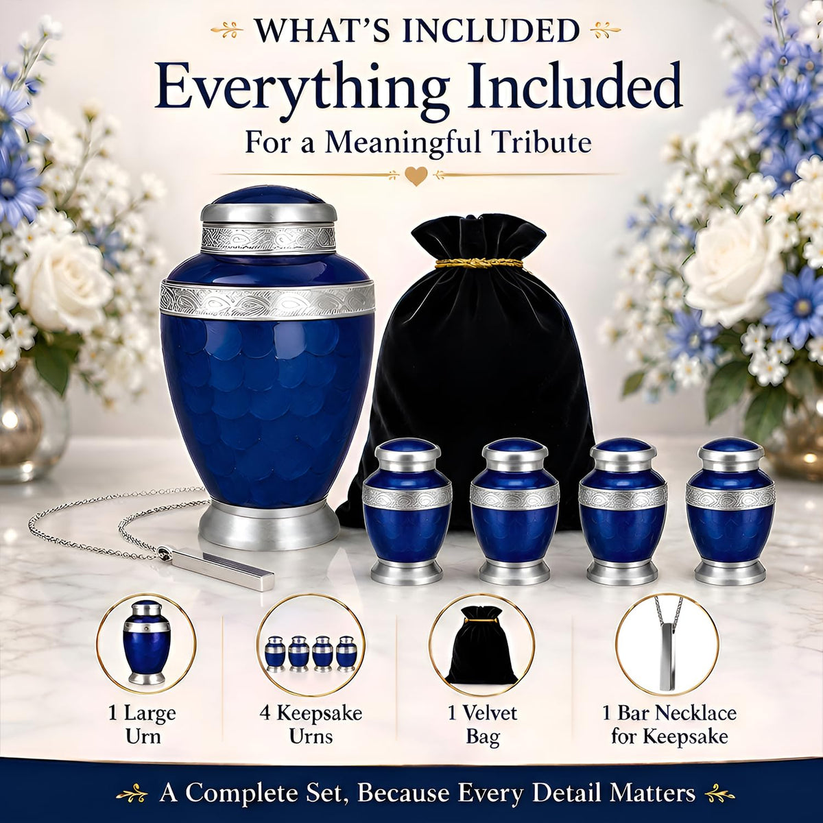Silver & Blue Cremation Urns for Human Ashes Adult Burial Urn Set of 6