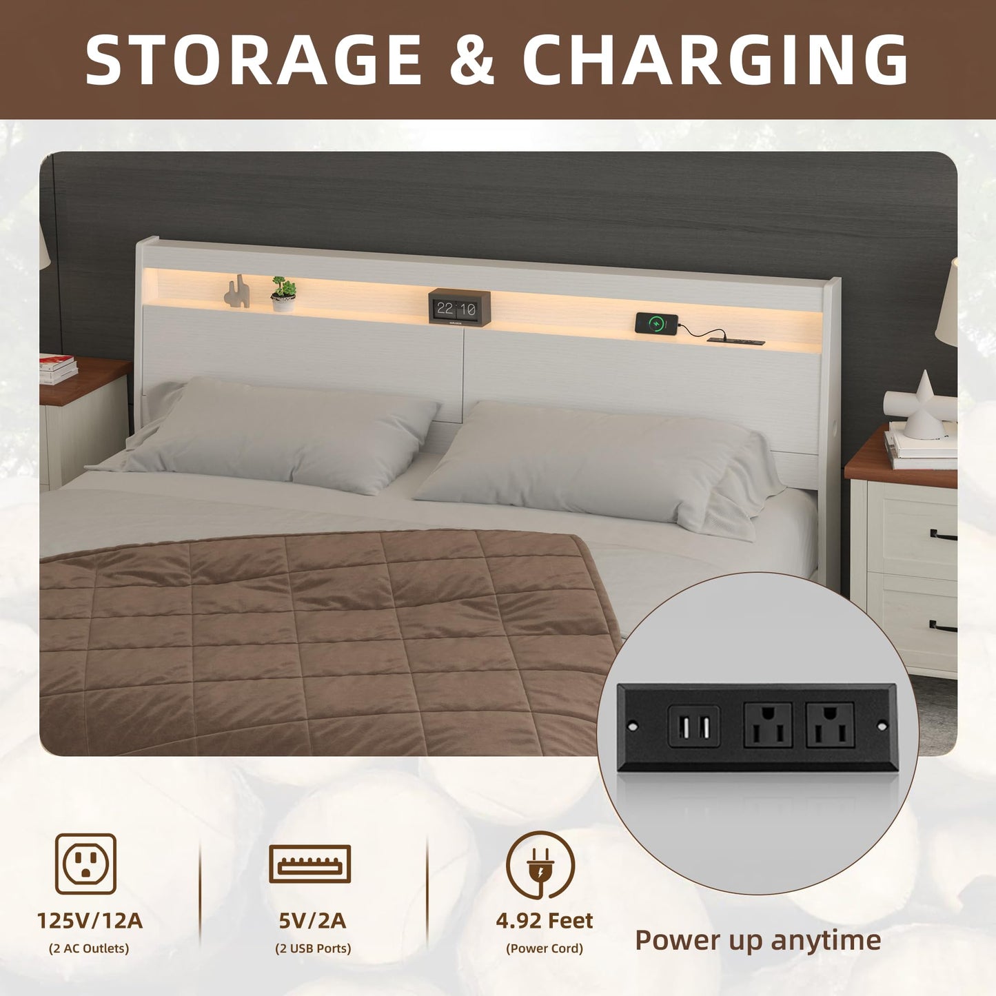 KATYGLORY Headboard Only with St,Modern Headboard with Storage Built-in Power Outlets 2 USB Ports LED Lighting, Gap-Free Wall Design Easy Assembly (White, Queen (U.S. Standard))