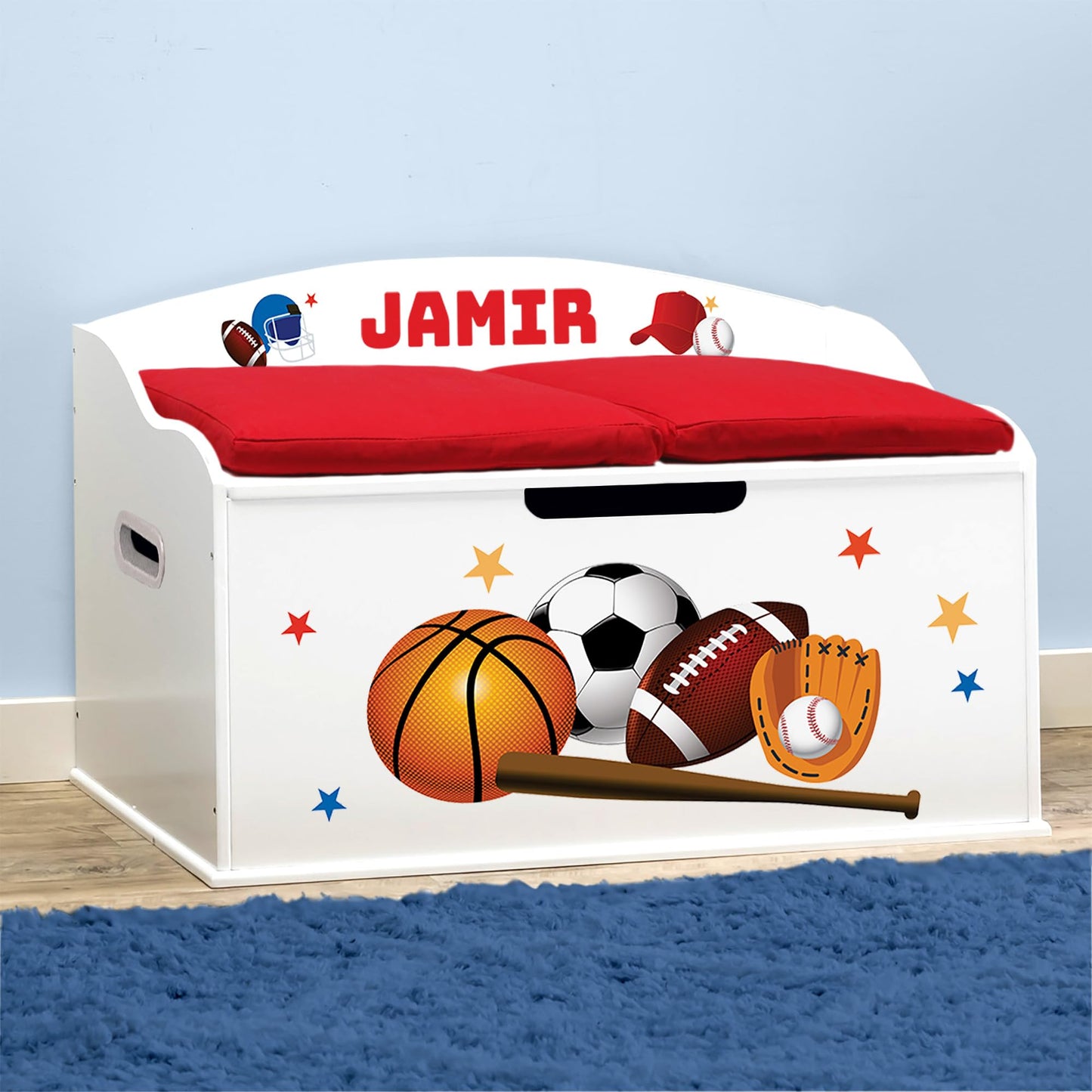 DIBSIES Personalized Creative Wonders Toy Box, Sports, 30 x 19.25 x 18 inches, Soft-Close Lid (White)