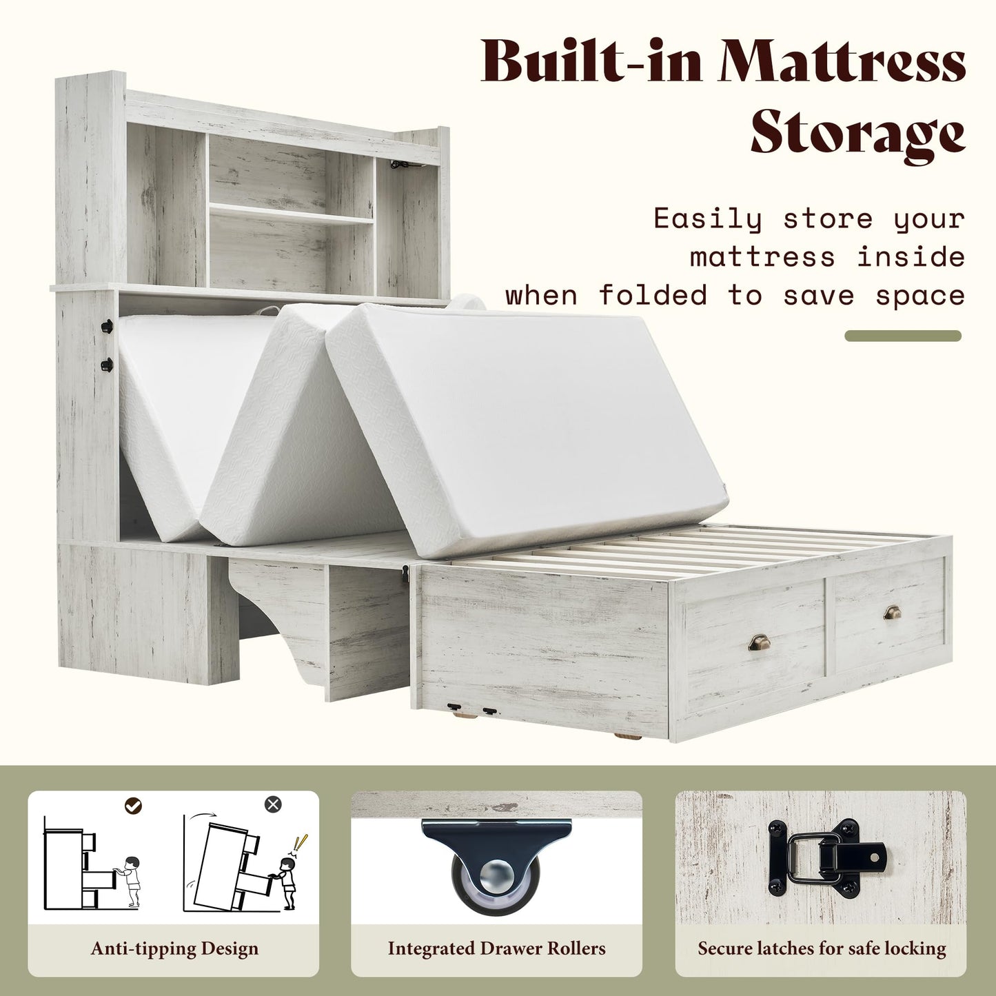 AMERLIFE Full Murphy Bed with Bookcase Headboard & LED Light, Farmhouse Cabinet Bed with Storage Drawer, Charging Station and Desk for Home Office/Guest Room/Small Spaces, White
