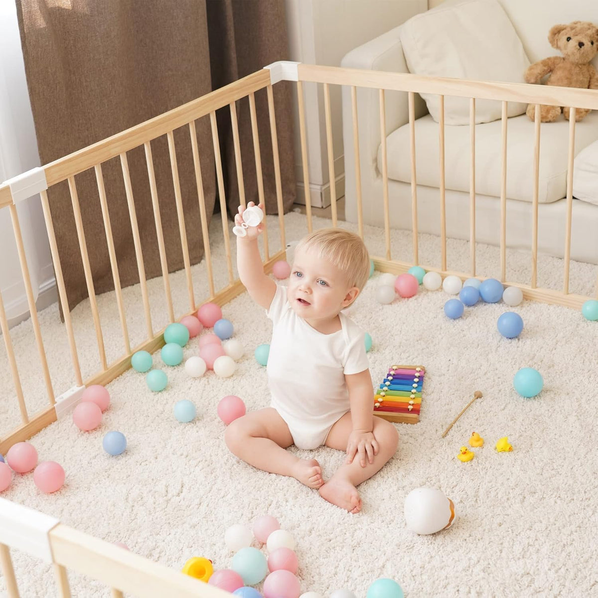 GGF 79×71" Rectangular Wooden Playpen, Dual-Lock Gate Toddler Fence