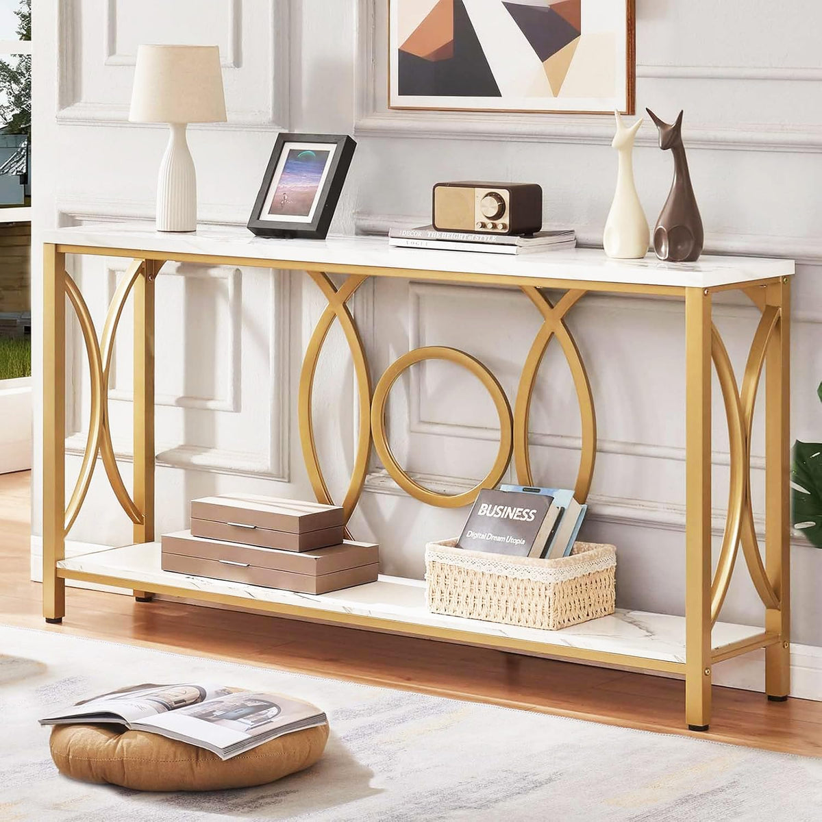 Entryway Narrow Console Table, 55 Inch Long Gold Sofa Table, White Marble