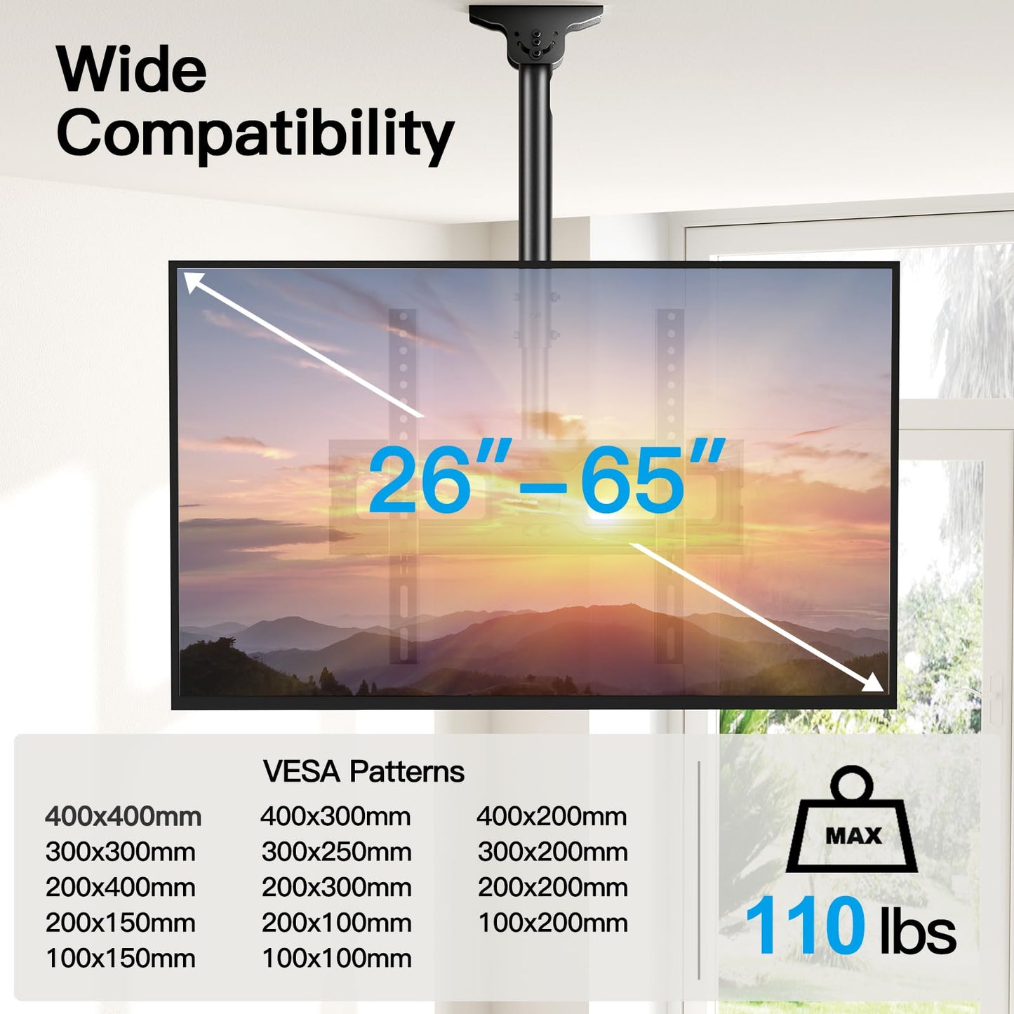 PERLESMITH Ceiling TV Mount for 26-65 inch Flat Screen Displays, Max VESA 400x400mm, Hanging Adjustable Ceiling TV Bracket Fits Most LCD LED OLED 4K TVs, Pole Ceiling Mount Holds up to 110lbs, PSCM2