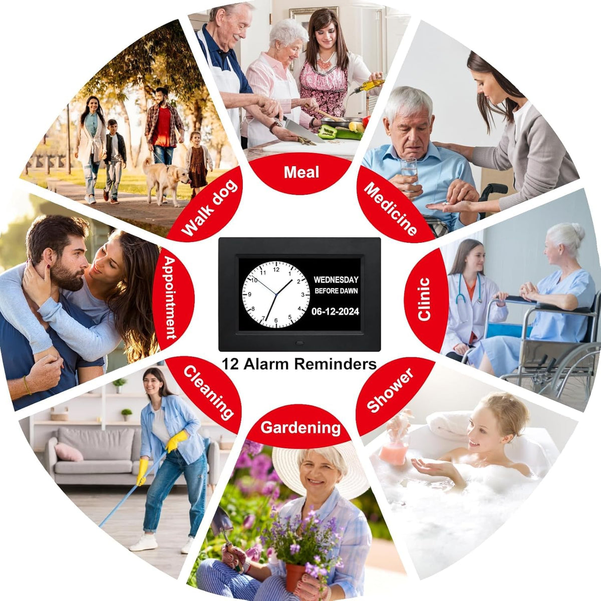 TMC Dementia Clocks for Seniors, Senior Clocks, Medicine Reminders with Alarms，Digital Clock for Bedroom, Entryway, Living Room, Study (7 inch Black)