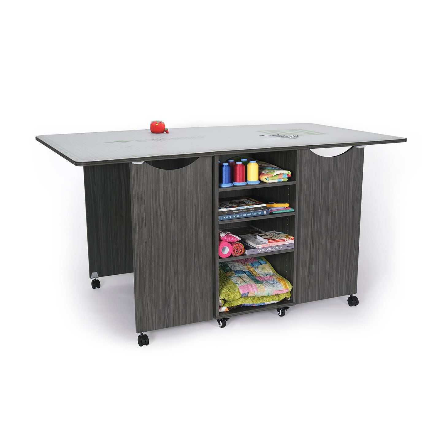 Kangaroo Kookaburra Cutting Table – Large Sewing, Quilting & Craft Workstation with Expandable 70” x 40” Surface, Storage Drawers, Shelves & Rolling Locking Casters, Gray Finish