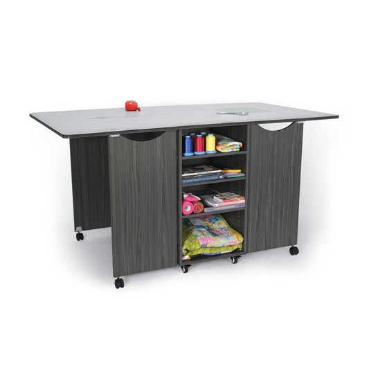 Kangaroo Kookaburra Cutting Table – Large Sewing, Quilting & Craft Workstation with Expandable 70” x 40” Surface, Storage Drawers, Shelves & Rolling Locking Casters, Gray Finish