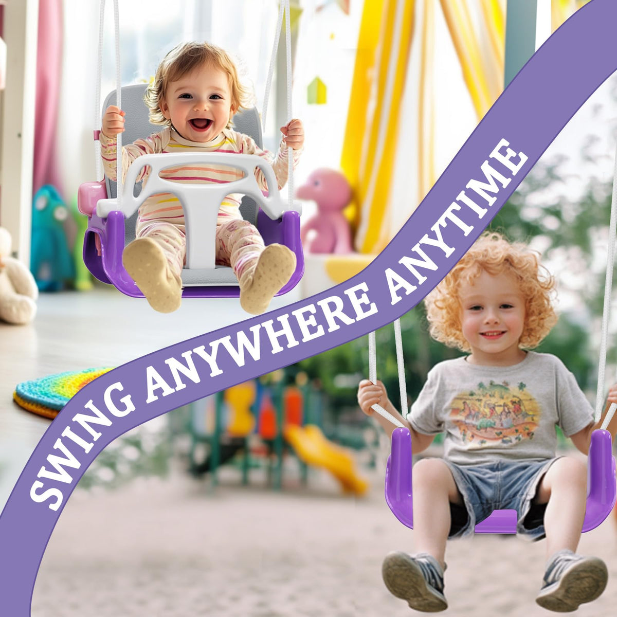 2 in 1 Toddler Swing & Baby Jumper, Foldable Baby Bouncer with Soft Cushion