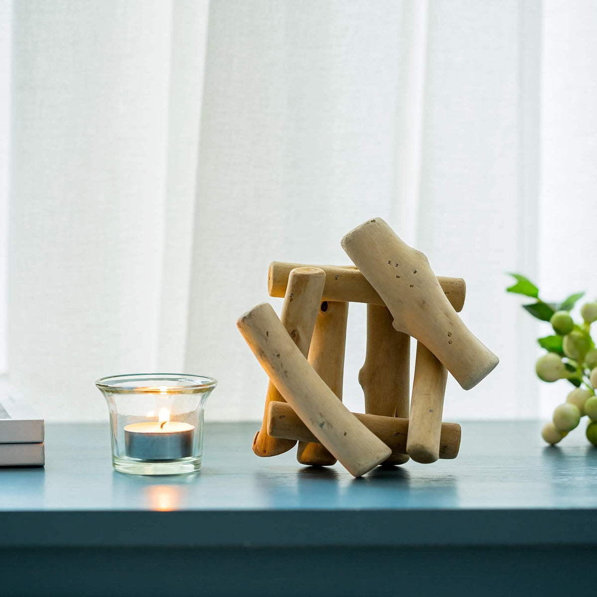 Sziqiqi Wooden Tea Light Candle Holder with Tealight Glass