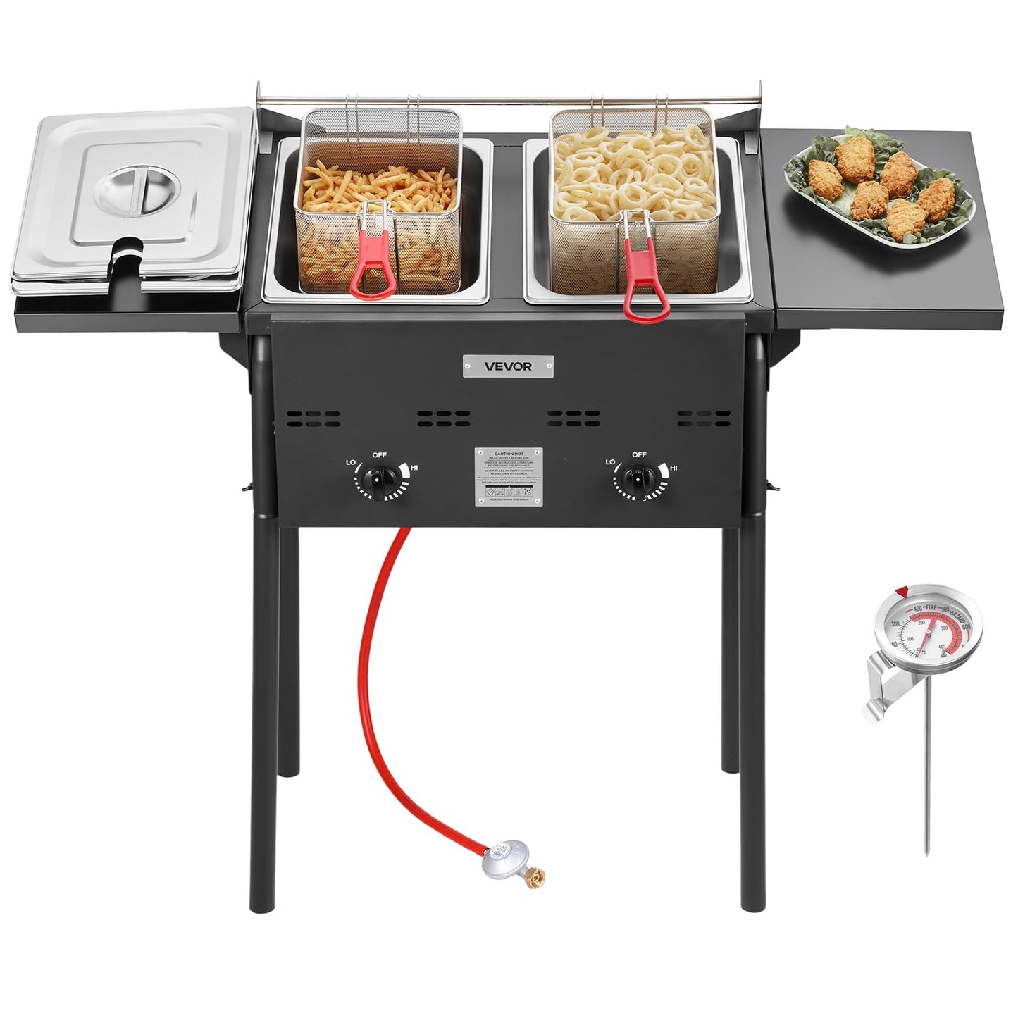VEVOR Outdoor Propane Deep Fryer, Double Burners Commercial Fryer, 16 Qt Stainless Steel Cooker with Removable Baskets & Lids & Tanks, Oil Fryer Cart with Thermometer & Regulator, For Outdoor Cooking