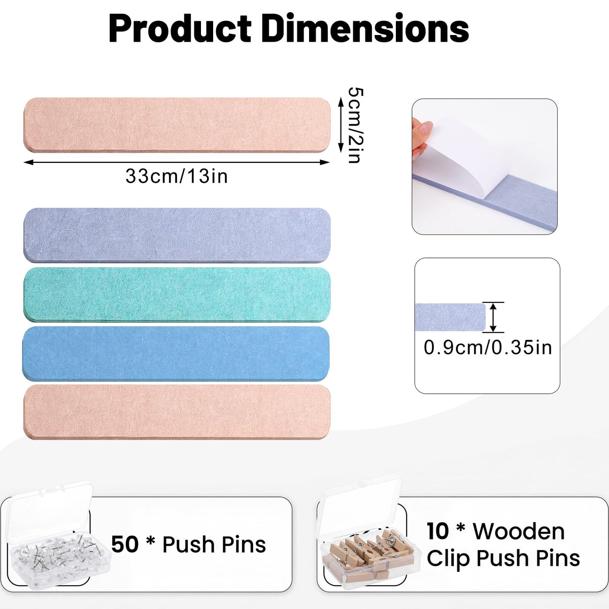Thboxes 8 Pack Felt Bulletin Board Strips, 13x2 Inch Self Adhesive Felt Pin Boards with 50 Pushpins and 10 Wooden Clips Push Pins, Cork Board for Walls Home Office Decor(Soft Macaron)
