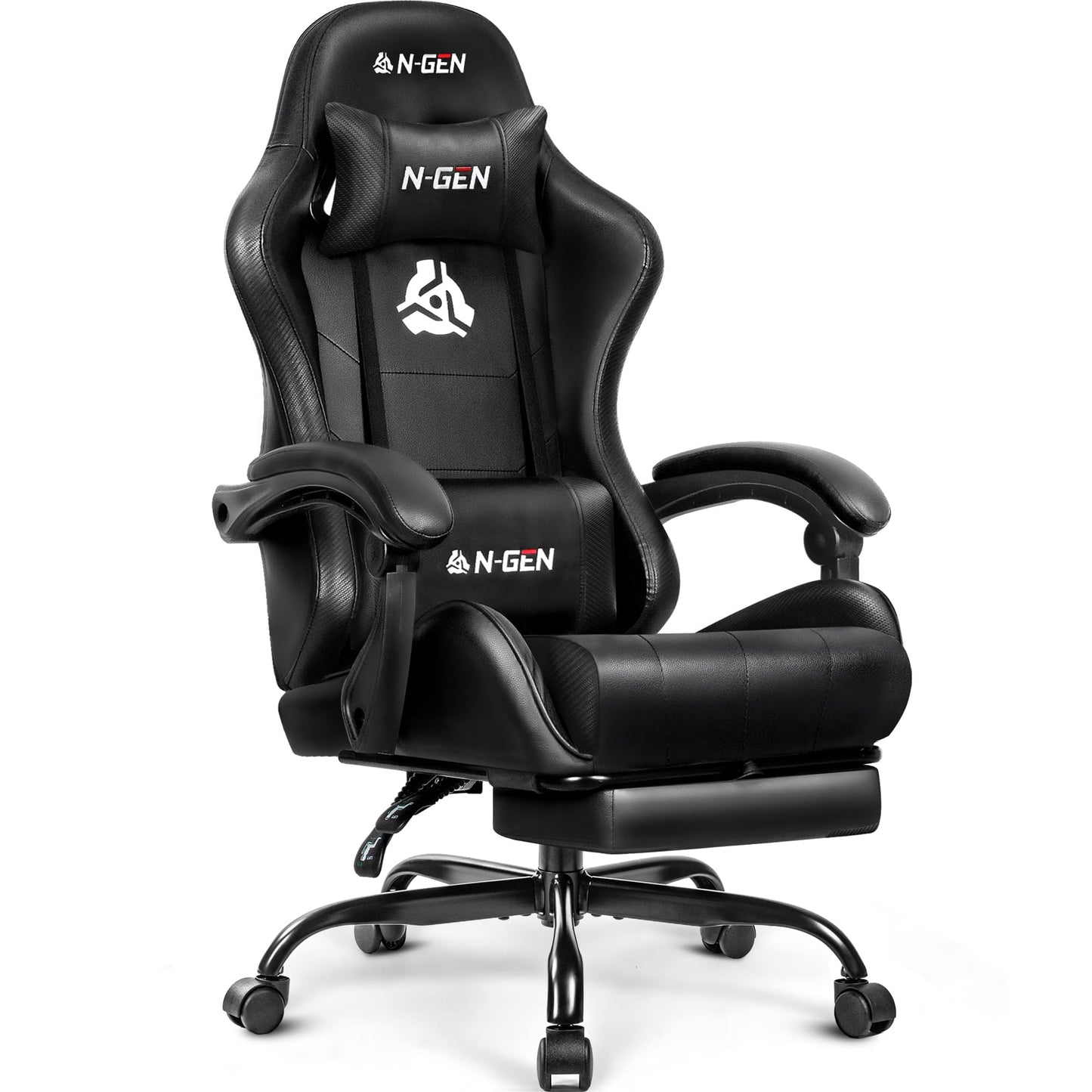 N-GEN GAMING Video Gaming Chair with Footrest Lumbar Support for Home Office High Back Recliner Height Adjustable Ergonomic Comfy Leather Computer Desk Chair (Deep Black)