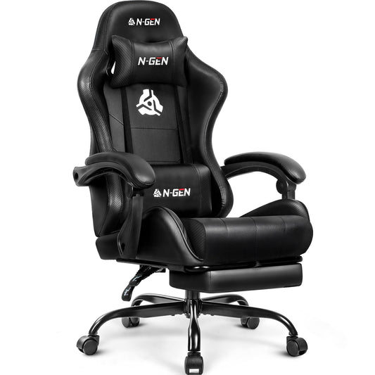 N-GEN GAMING Video Gaming Chair with Footrest Lumbar Support for Home Office High Back Recliner Height Adjustable Ergonomic Comfy Leather Computer Desk Chair (Deep Black)