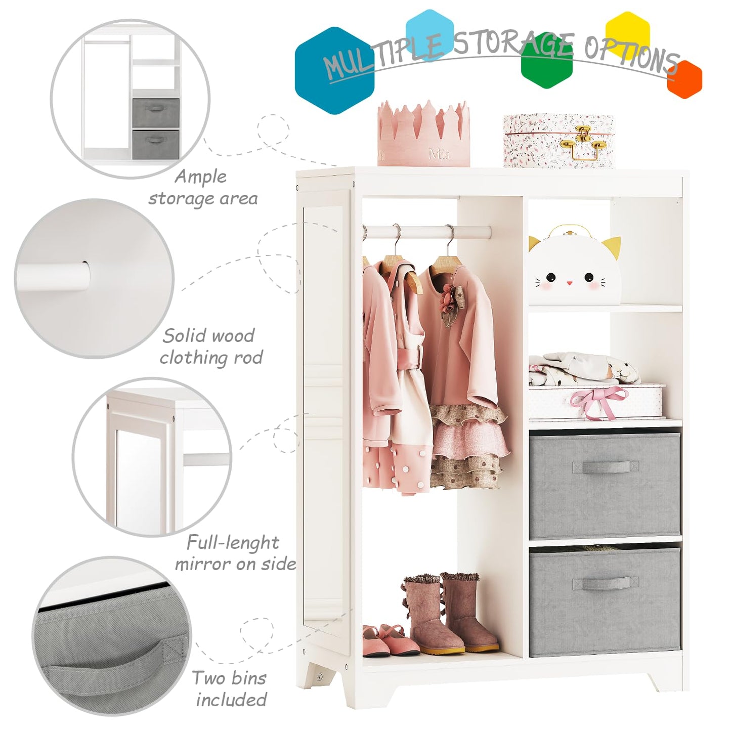 UTEX Kids Dress Up Storage with Full Length Mirror, Kids Armoire with 2 Storage Bins, Opening Hanging Costume Closet Wardrobe, Pretend Storage Closet Armoire Dresser