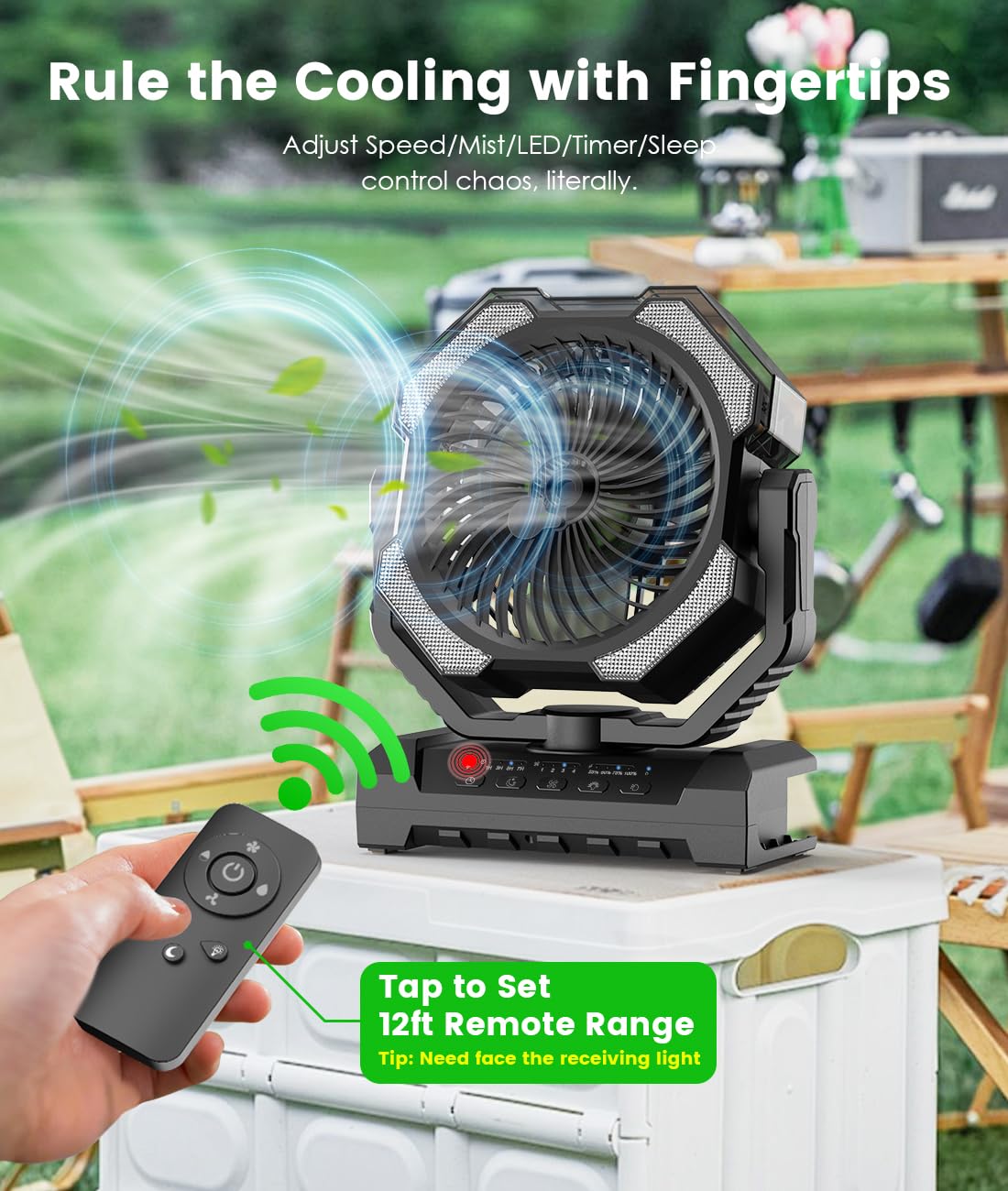 Aopircs Camping Misting Fan - 24000mAh Portable Battery Powered Fans with 9oz Water Tank, Light, Hook - Rechargeable, 120H Cooling, Last 5H Mist, 4 Speed, Sleep Mode - Outdoor Gear, Travel Essentials
