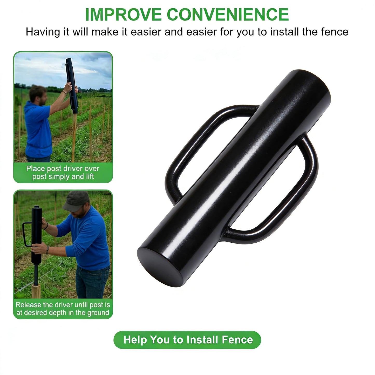 MTB Garden 1 Pack 16 inch Portable Post Driver with Handle, 8LB Black Iron T Post Digger Hand Post Rammer for Installing Fences, Fence Post Pounder Good for Small Projects