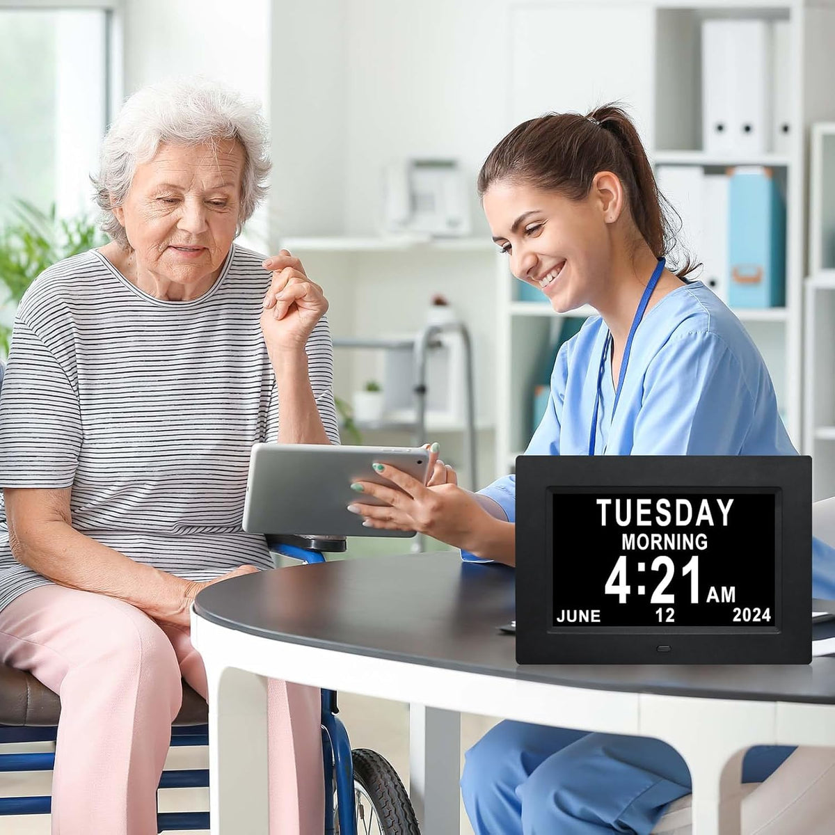TMC Dementia Clocks for Seniors, Senior Clocks, Medicine Reminders with Alarms，Digital Clock for Bedroom, Entryway, Living Room, Study (7 inch Black)