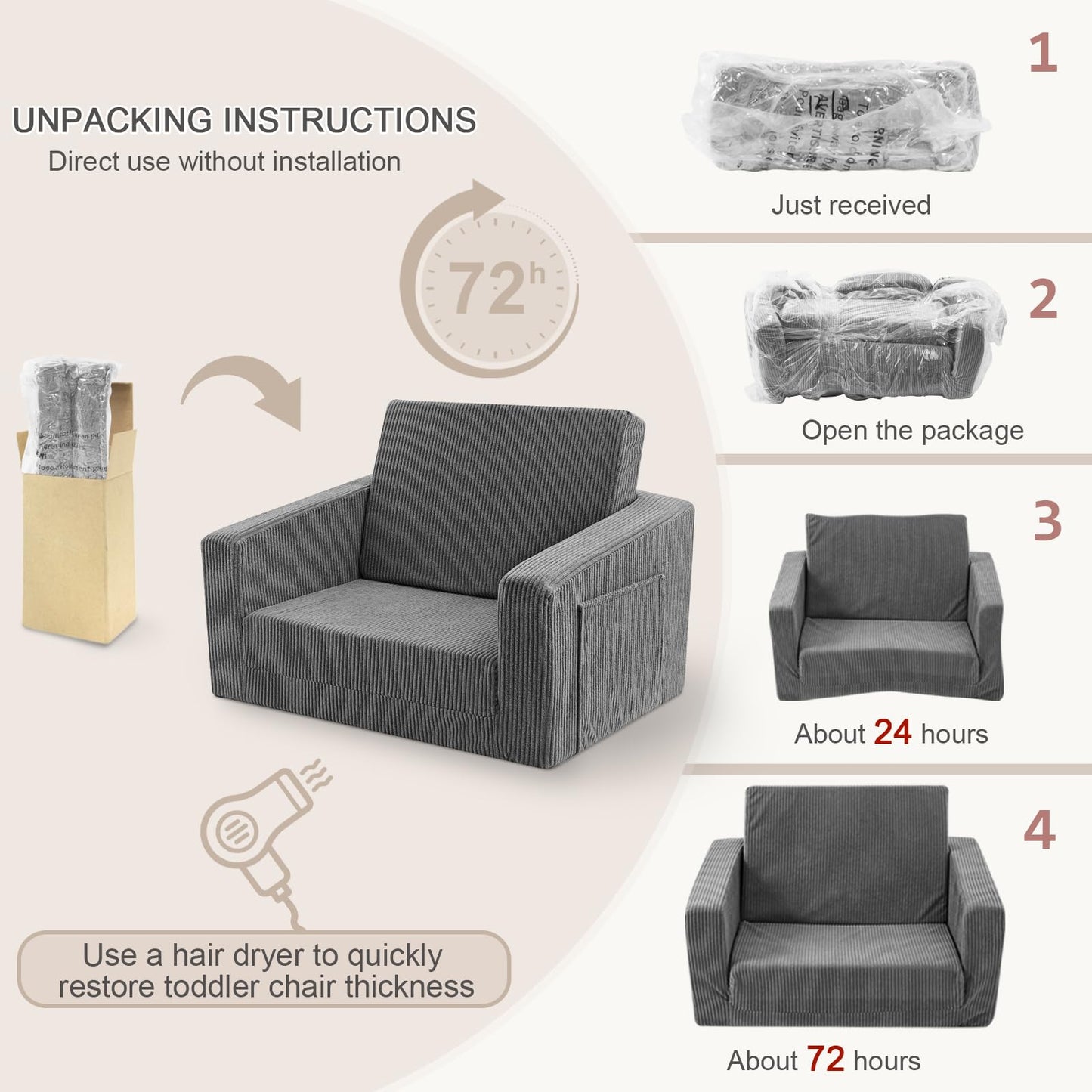 Jouha Kids Chair and Couch, 2-in-1 Fold-Out Kids Sofa, Soft Convertible Seating, Comfy Kids Chair for Boys and Girls, Grey