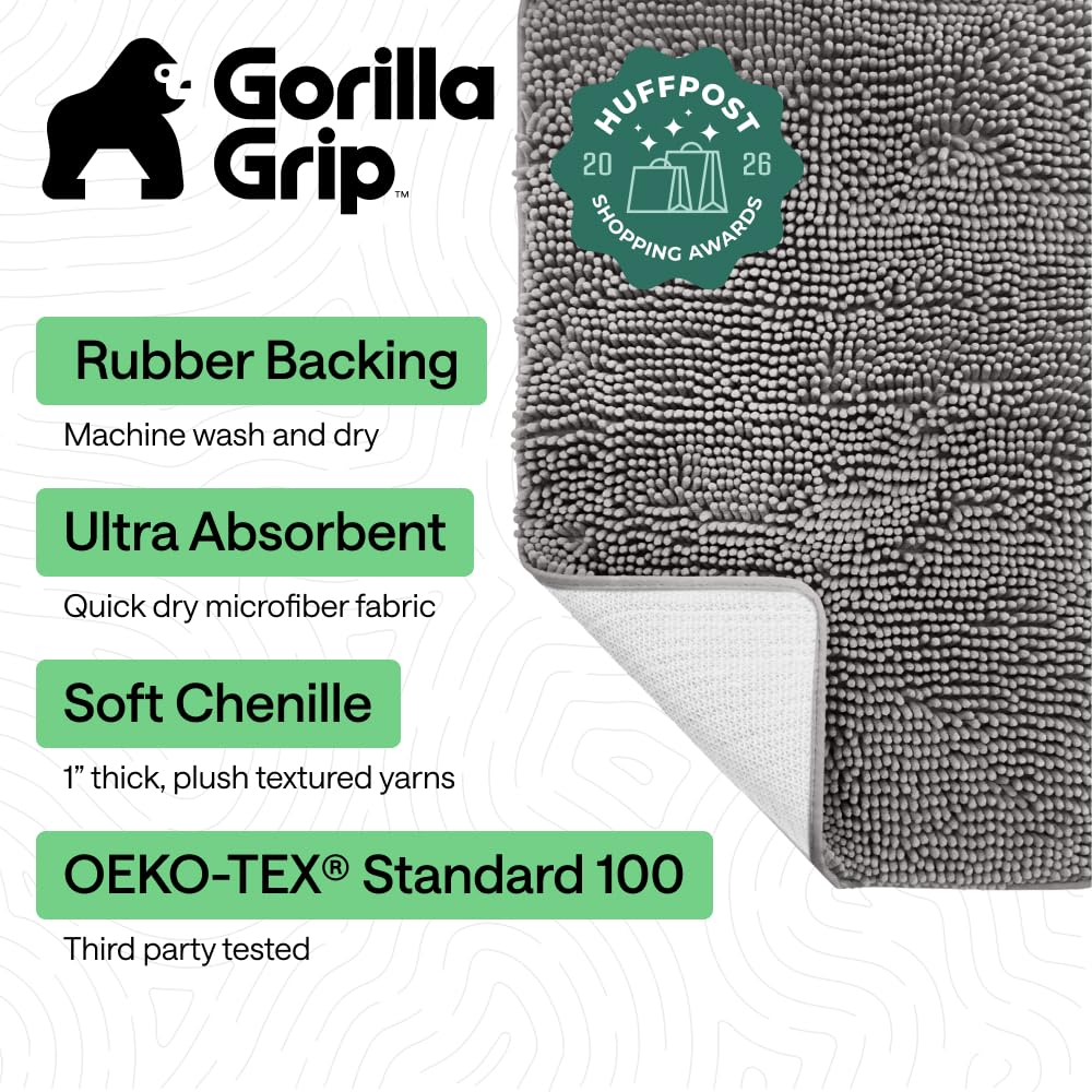 GORILLA GRIP Bath Rug Mat, Thick Soft Absorbent Chenille, Quick Dry Microfiber Mats, Rubber Backing, Machine Washable Shower Floor Rugs, Bathroom Bathmat Home Decor Accessories, 24x17 Grey